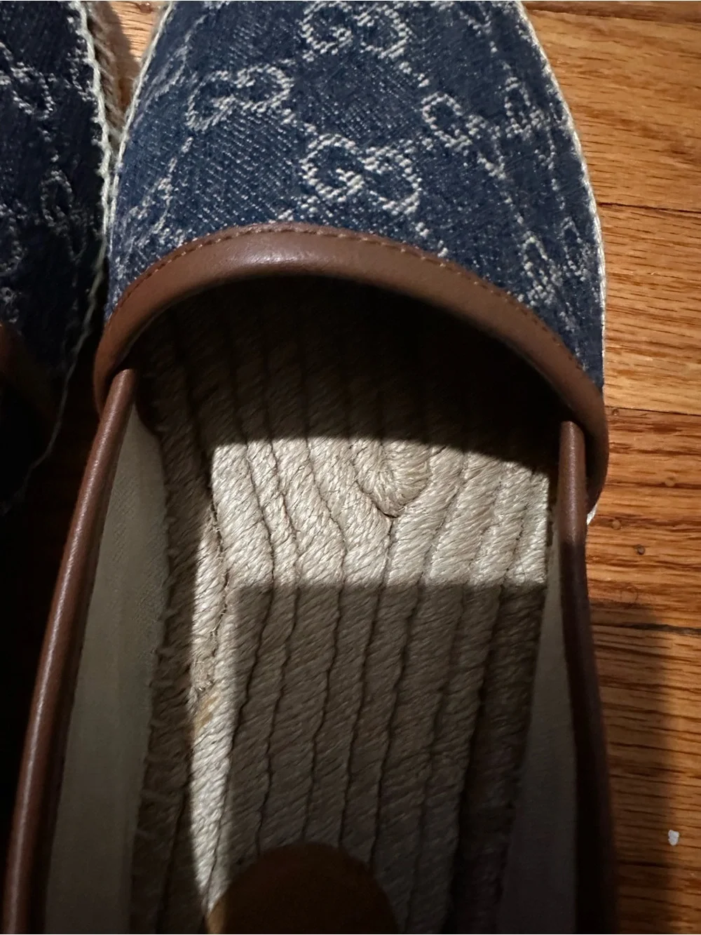 Gucci Blue Denim Monogram Espadrille Loafers with Brown Trim